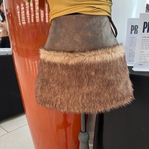 Faux Fur Trim Brown Skirt